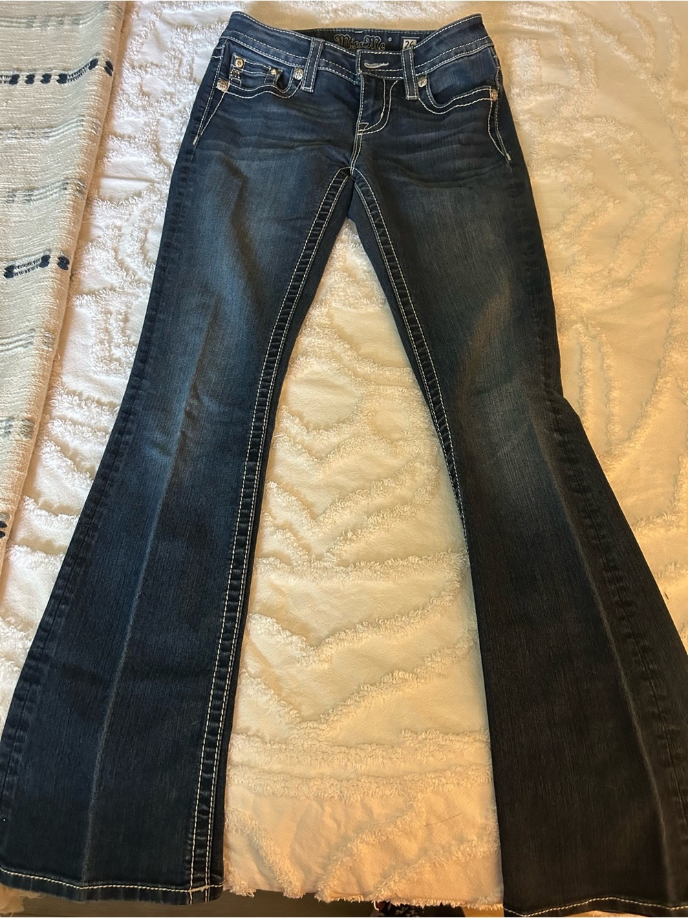 Miss Me Dark Blue Flare Jeans with Contrast Stitching